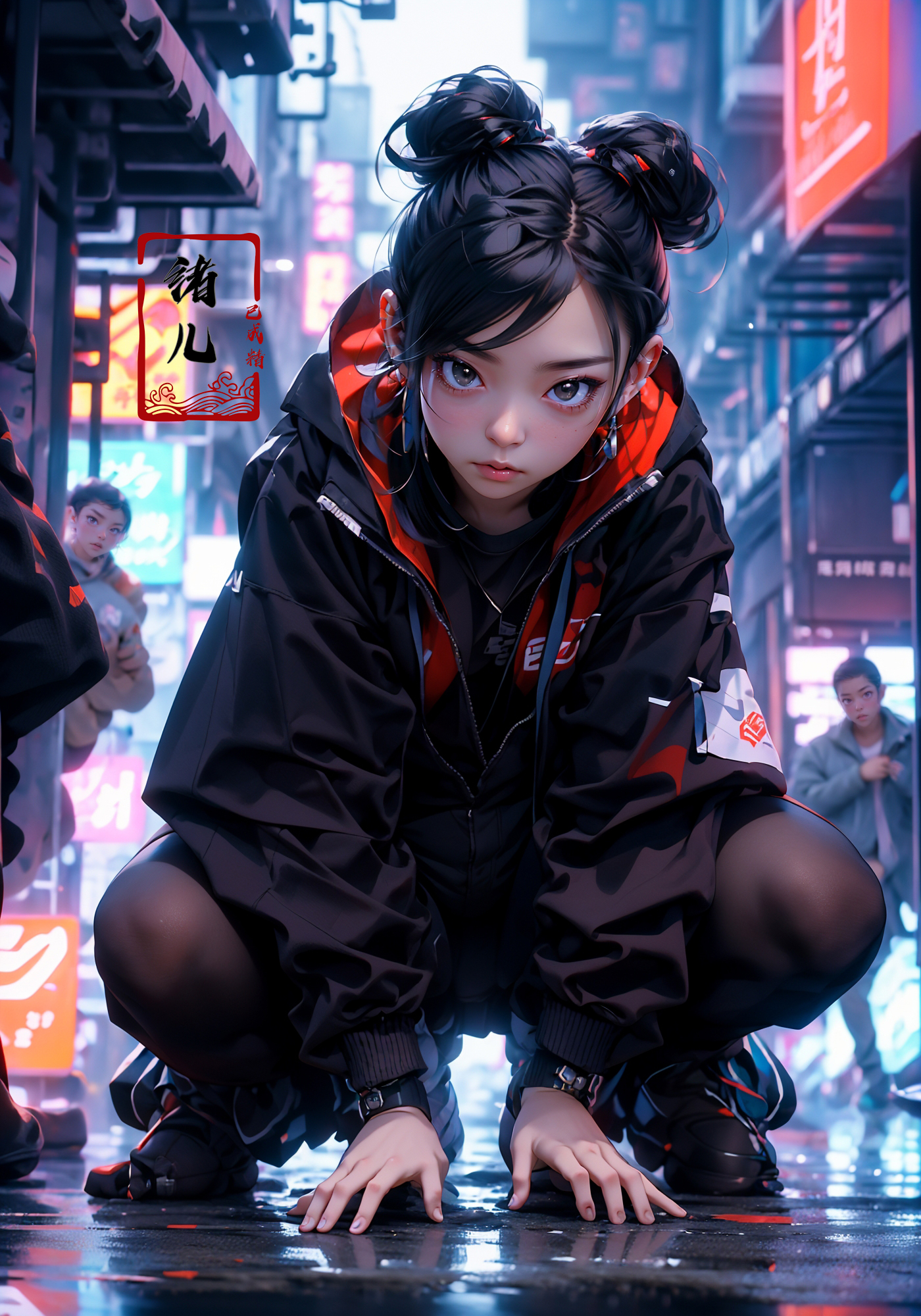 606247209521968543-4047139092-CG masterpiece, 3D Chinese girl, angelic face, techno-cool style, dressed in cyberpunk mixed with Chinese style clothing, crouch.jpg